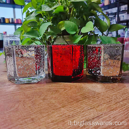 Portacandele in vetro a forma esagonale con diversi colori
